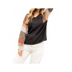 NEW THML print blocked sleeve knit top in multi black